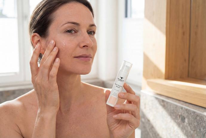 Remmele Propolis Elixir Hyaluron Serum wird auf das Gesicht aufgetragen