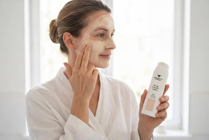 Remmele Propolis Honig Maske waehrend der Einwirkzeit auf dem Gesicht