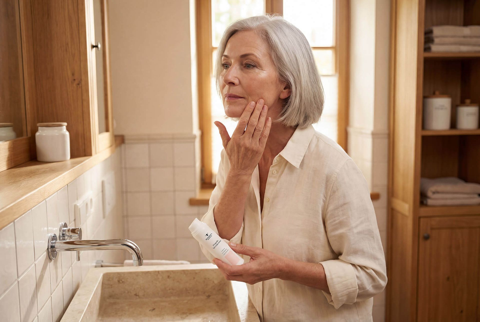 Remmele Propolis Spezialcreme wird auf empfindliche Haut aufgetragen